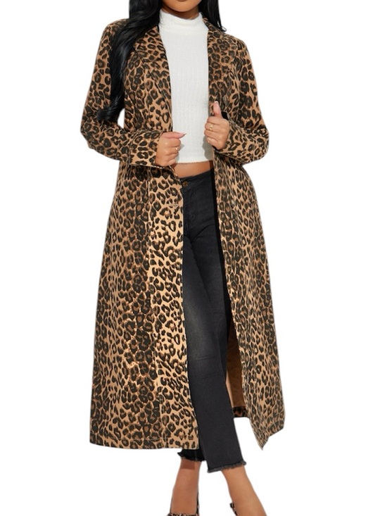 Fashion Nova Jackets & Blazers - FASHION NOVA New Leopard Print Denim Trench Coat Pockets Buttons Size Medium